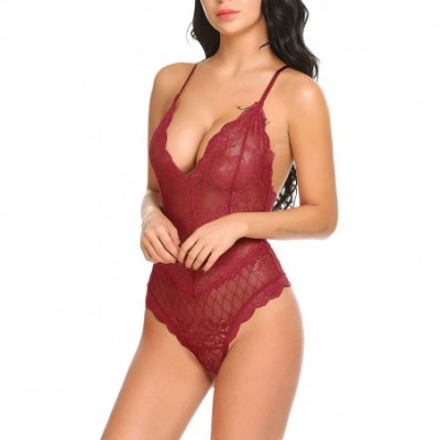 Baby Dolls & Chemises Women Teddy Lingerie One Piece Babydoll Mini Bodysuit - Wine Red - CH189I5Q07H