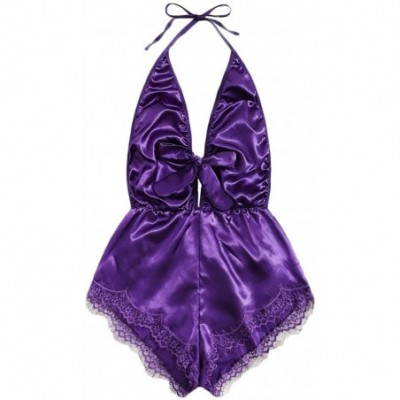 Nightgowns & Sleepshirts Women Printing Lace Stain Bow Lingerie Bodysuit Backless Pajamas Silk Jumpsuit - Purple - CD196D7TOKL