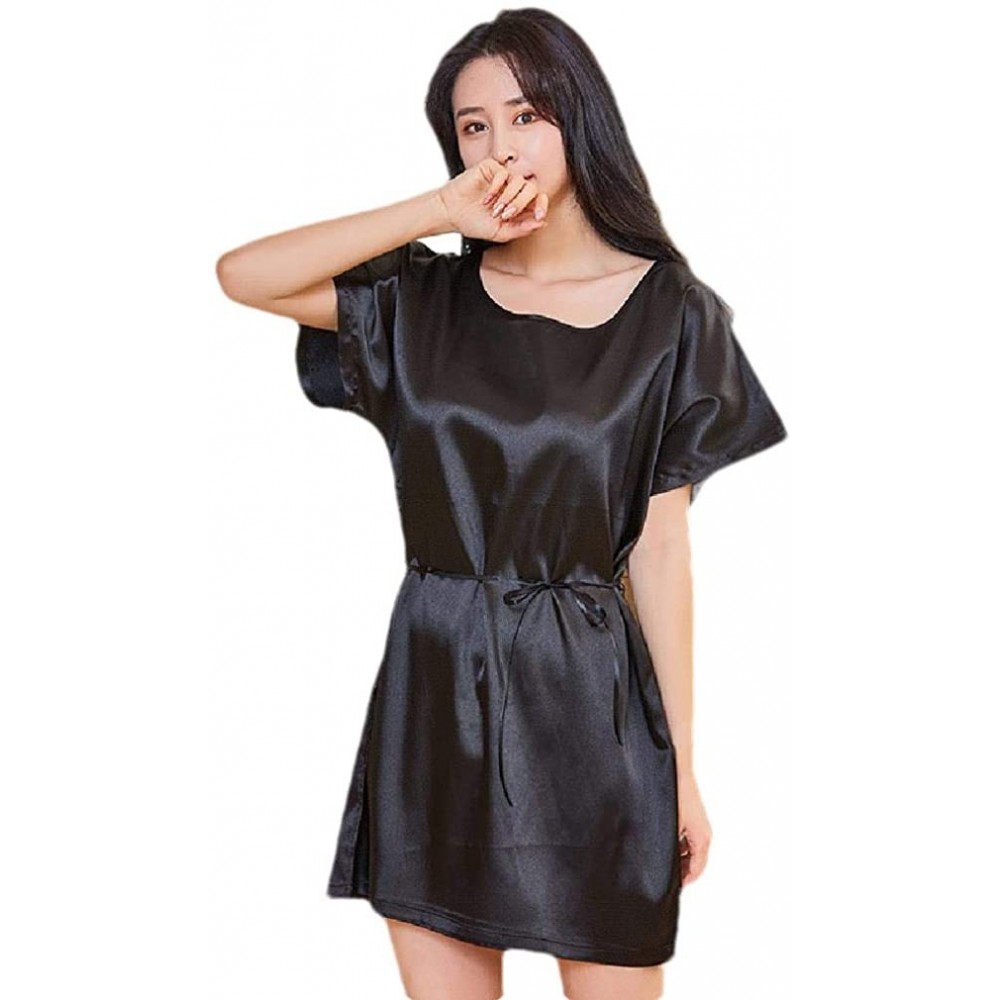 Nightgowns & Sleepshirts Women's Short Sleeves Charmeuse Silky Soft Spa Summer Sleeping Dress - Black - CG199SM24E3