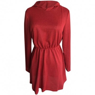 Slips Womens Mini Hooded Dress Solid Color Long Sleeve Casual Pullover Tops Dresses - Red - CA193NOWMK9