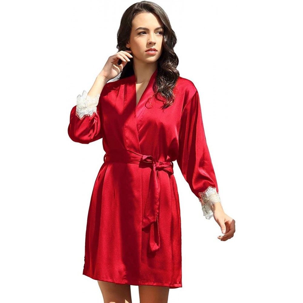 Baby Dolls & Chemises Womens Satin Kimono Robe 2 Piece Lace Cami V Neck Lingerie Dress and Robe Set with Belt - Red - CC196N4...