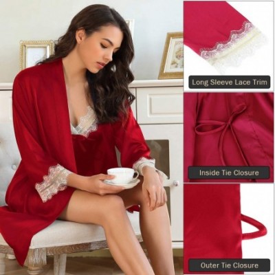 Baby Dolls & Chemises Womens Satin Kimono Robe 2 Piece Lace Cami V Neck Lingerie Dress and Robe Set with Belt - Red - CC196N4...