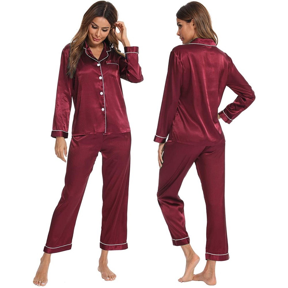 Sets Womens Silk Satin Pajamas Long Sleeve Loungewear Two-Piece Sleepwear Button-Down Pj Set - Wine Red - CU1924Q6IKD