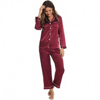 Sets Womens Silk Satin Pajamas Long Sleeve Loungewear Two-Piece Sleepwear Button-Down Pj Set - Wine Red - CU1924Q6IKD