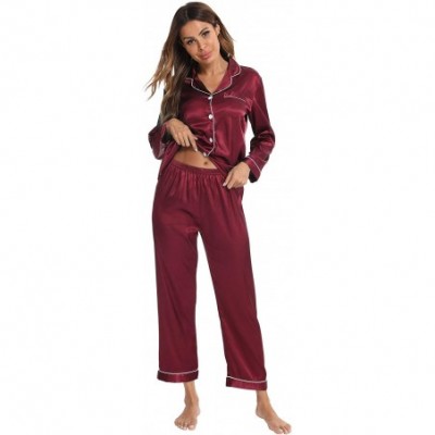 Sets Womens Silk Satin Pajamas Long Sleeve Loungewear Two-Piece Sleepwear Button-Down Pj Set - Wine Red - CU1924Q6IKD