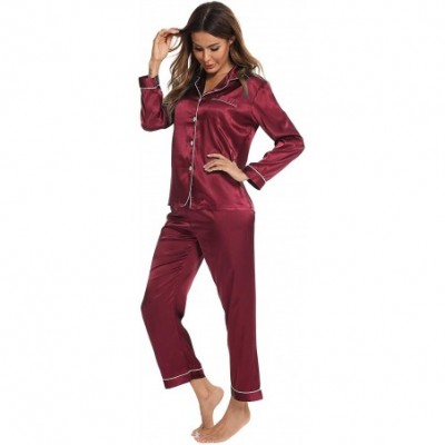 Sets Womens Silk Satin Pajamas Long Sleeve Loungewear Two-Piece Sleepwear Button-Down Pj Set - Wine Red - CU1924Q6IKD