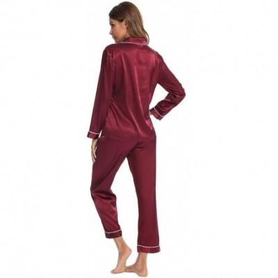 Sets Womens Silk Satin Pajamas Long Sleeve Loungewear Two-Piece Sleepwear Button-Down Pj Set - Wine Red - CU1924Q6IKD