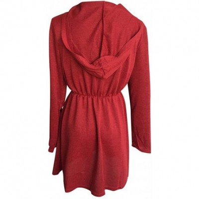 Slips Womens Mini Hooded Dress Solid Color Long Sleeve Casual Pullover Tops Dresses - Red - CA193NOWMK9