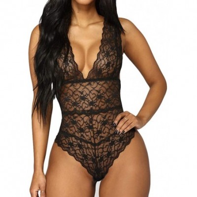 Sets Women Sexy One Piece Pajamas Teddy Lingerie Sleepwear Lace Bodysuit Nightwear Romper - Black - C718I3NGN20