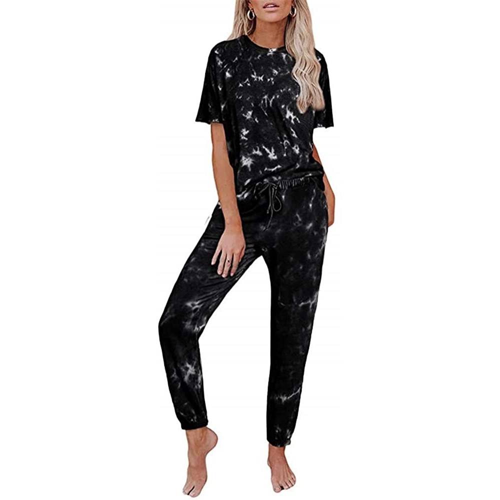 Sets Womens Long Sleeve Tie Dye Printed Tops and Pants Trouser Long Pajamas Set Joggers PJ Sets Nightwear Loungewear Black 2 ...