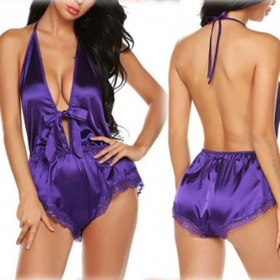 Bustiers & Corsets Silk Pajamas Sexy Satin Underwear Jumpsuit Bodysuit Teddy Lingerie Sleepwear - Purple - CM1938D2RTO