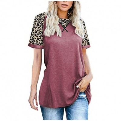 Tops Blouse- Casual Leopard Shirts- Womens Summer Short Sleeve Round Neck Color Block Loose Tunics Tops - Pink - C4197HQ3LOU