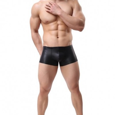 Boxer Briefs Mens Imitation Leather Underwear Sexy Boxer Briefs - Black - CK183XQU76Q