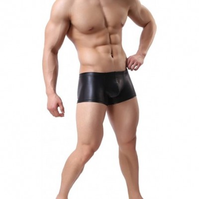 Boxer Briefs Mens Imitation Leather Underwear Sexy Boxer Briefs - Black - CK183XQU76Q