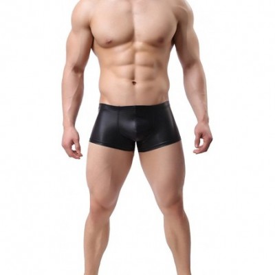 Boxer Briefs Mens Imitation Leather Underwear Sexy Boxer Briefs - Black - CK183XQU76Q