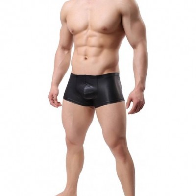 Boxer Briefs Mens Imitation Leather Underwear Sexy Boxer Briefs - Black - CK183XQU76Q