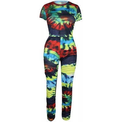 Sets Women Summer Casual Two Piece Outfits Tie Dye Print Crop Top Shirt and Ruched Skinny Pant Tracksuit Set Loungewear Jumps...