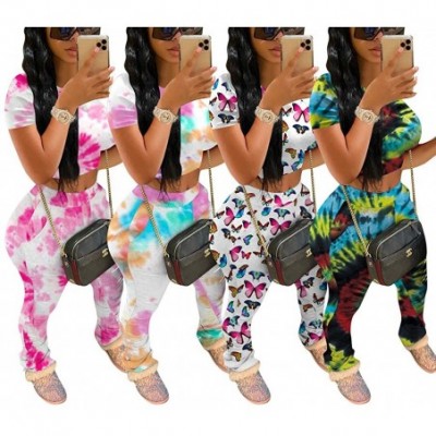 Sets Women Summer Casual Two Piece Outfits Tie Dye Print Crop Top Shirt and Ruched Skinny Pant Tracksuit Set Loungewear Jumps...