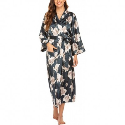 Robes Women Kimono Robe Silk Lightweight Long Robes Satin Bathrobe Soft Sleepwear V Neck Ladies Loungewear Long floral5 - C71...