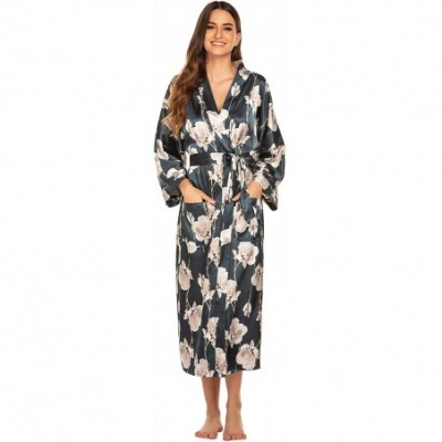 Robes Women Kimono Robe Silk Lightweight Long Robes Satin Bathrobe Soft Sleepwear V Neck Ladies Loungewear Long floral5 - C71...