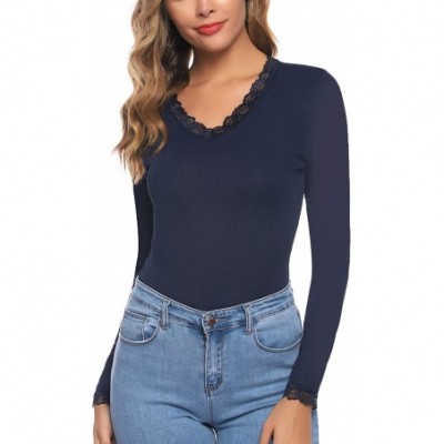 Shapewear Lace Bodysuit for Women Long Sleeve Deep V-Neck Stretchy Jumpsuits - Navy Blue - C918XMLE9IO