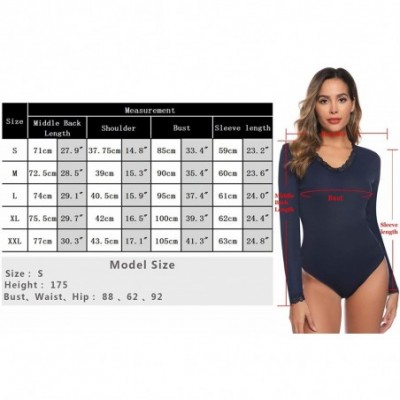 Shapewear Lace Bodysuit for Women Long Sleeve Deep V-Neck Stretchy Jumpsuits - Navy Blue - C918XMLE9IO