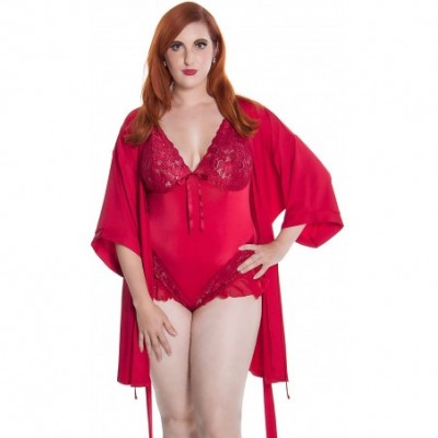 Robes Women's Plus Size Stretch Knitted Short Kimono Wrap Robe 3081X/XX - Red - CS189QUK09U