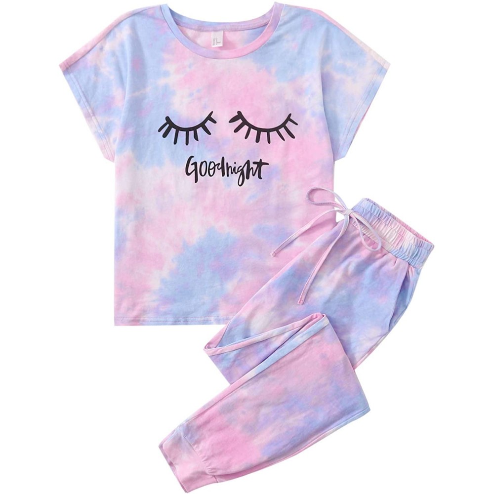 Sets Women's Tie Dye Round Neck Short Sleeve Tee and Pants Pajama Set - Tie Dye-4 - CC1902SLAWR