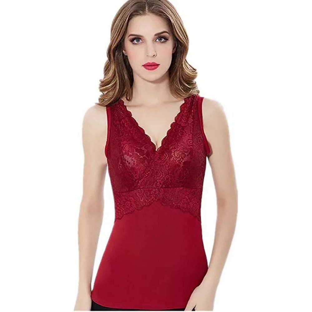 Thermal Underwear Women Fleece Lined Tank Tops Lace V Neck Camisoles Thermal Underwear Tops - Winered - C518AWU5WEZ