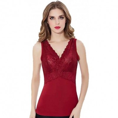 Thermal Underwear Women Fleece Lined Tank Tops Lace V Neck Camisoles Thermal Underwear Tops - Winered - C518AWU5WEZ