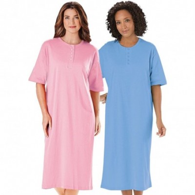 Nightgowns & Sleepshirts 100% Cotton Henley Nightshirt - Pink/Blue - CG12NH5H6YI