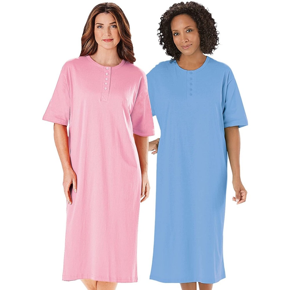 Nightgowns & Sleepshirts 100% Cotton Henley Nightshirt - Pink/Blue - CG12NH5H6YI