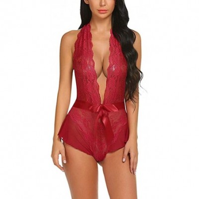 Bras Women Lingerie Lace Halter Teddy Bodysuit Deep Plunge Babydoll Nightwear - Wine - CP19360MA8Y