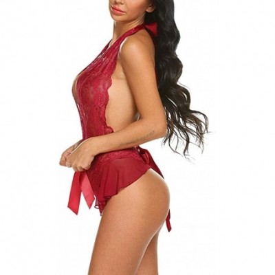 Bras Women Lingerie Lace Halter Teddy Bodysuit Deep Plunge Babydoll Nightwear - Wine - CP19360MA8Y