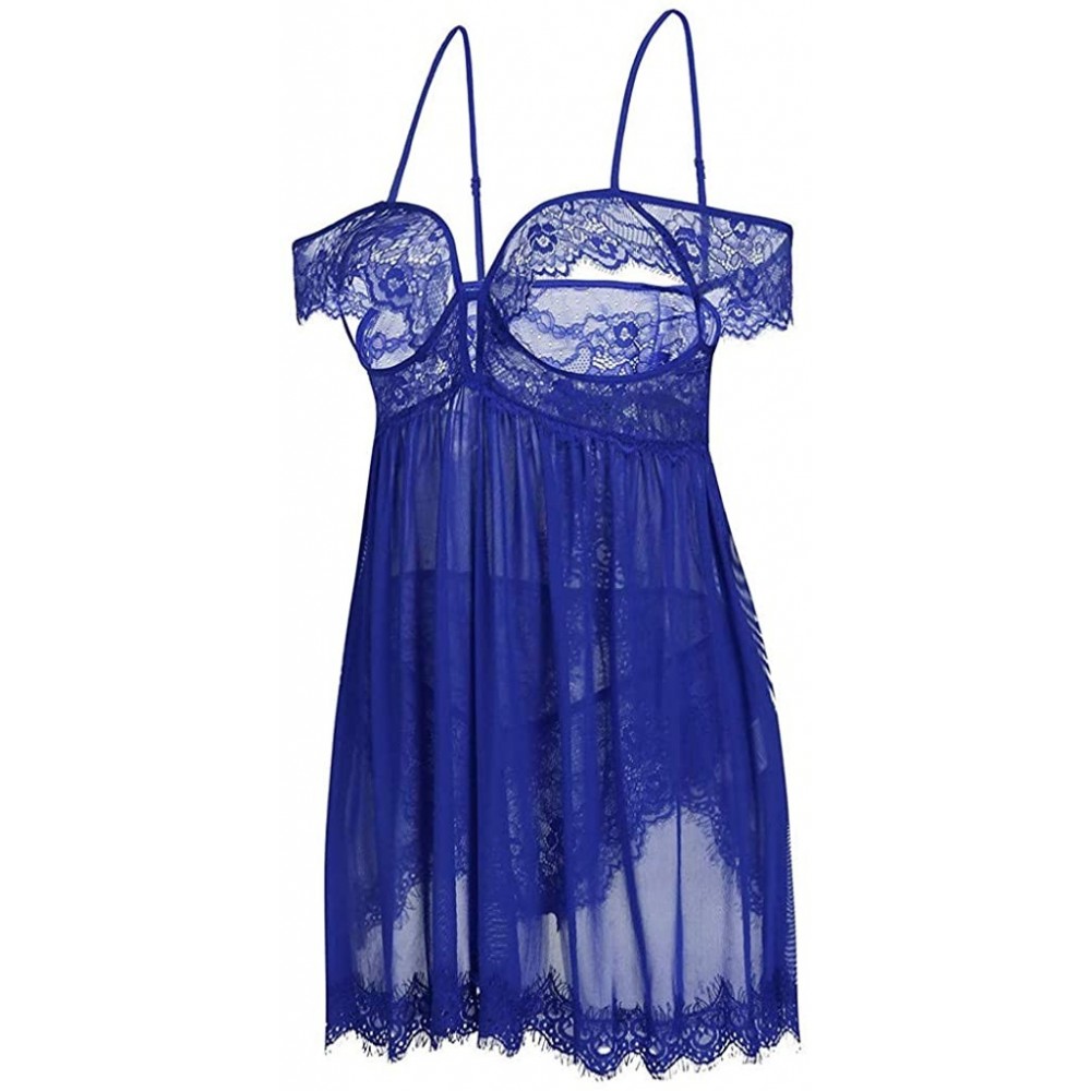 Robes Pajamas Set- New Women Lace Off-Shoulder Strapless Lingerie Underwear Back Split Nightdress - Blue - CN18XUD062G