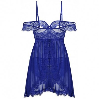 Robes Pajamas Set- New Women Lace Off-Shoulder Strapless Lingerie Underwear Back Split Nightdress - Blue - CN18XUD062G