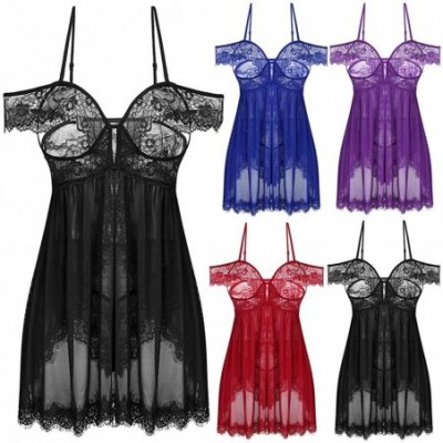 Robes Pajamas Set- New Women Lace Off-Shoulder Strapless Lingerie Underwear Back Split Nightdress - Blue - CN18XUD062G