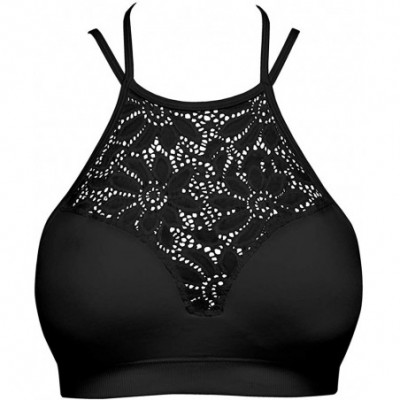 Shapewear Lace Halter Neck Padded Bralette - Floral Lace Seamless Bra - 042_black - CT18WZWY7IK