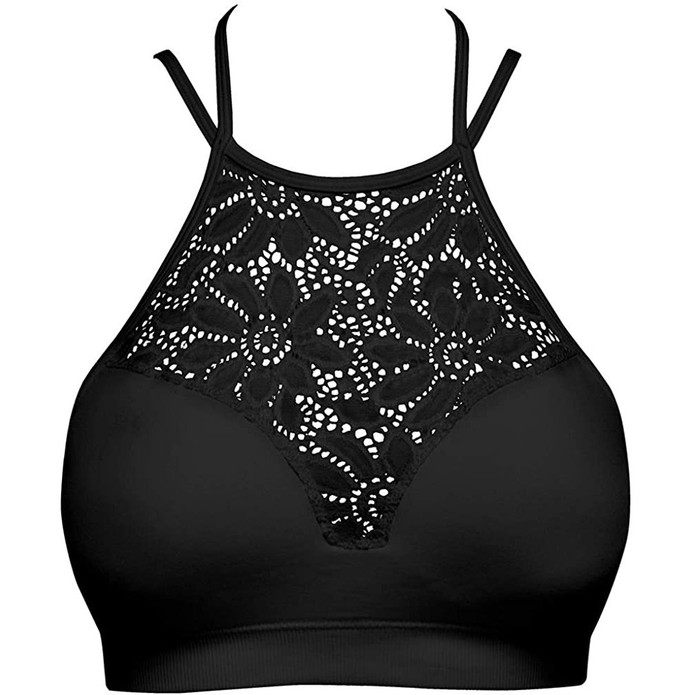 Shapewear Lace Halter Neck Padded Bralette - Floral Lace Seamless Bra - 042_black - CT18WZWY7IK