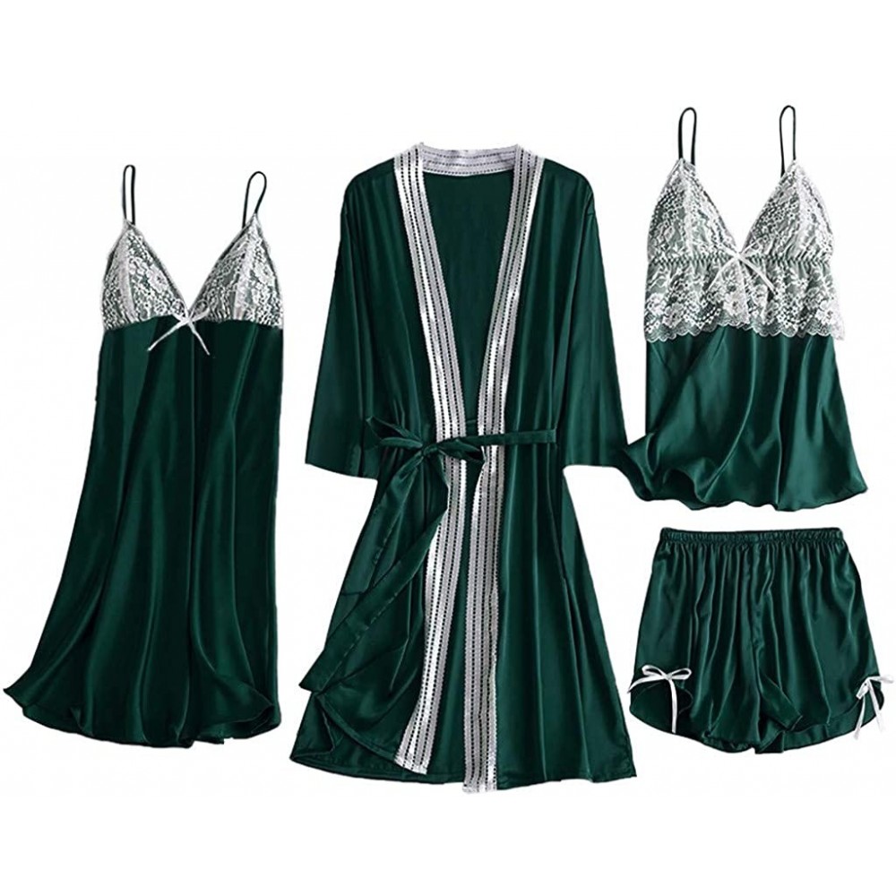 Robes 4Pcs Womens Silk Satin Bathrobe Pajamas Nightgown Kimono Lace Sleepwear Babydoll Nightdress with Shorts Sets Green - CX...