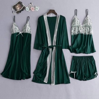 Robes 4Pcs Womens Silk Satin Bathrobe Pajamas Nightgown Kimono Lace Sleepwear Babydoll Nightdress with Shorts Sets Green - CX...