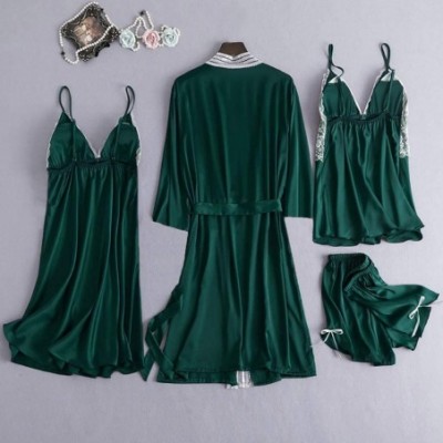 Robes 4Pcs Womens Silk Satin Bathrobe Pajamas Nightgown Kimono Lace Sleepwear Babydoll Nightdress with Shorts Sets Green - CX...