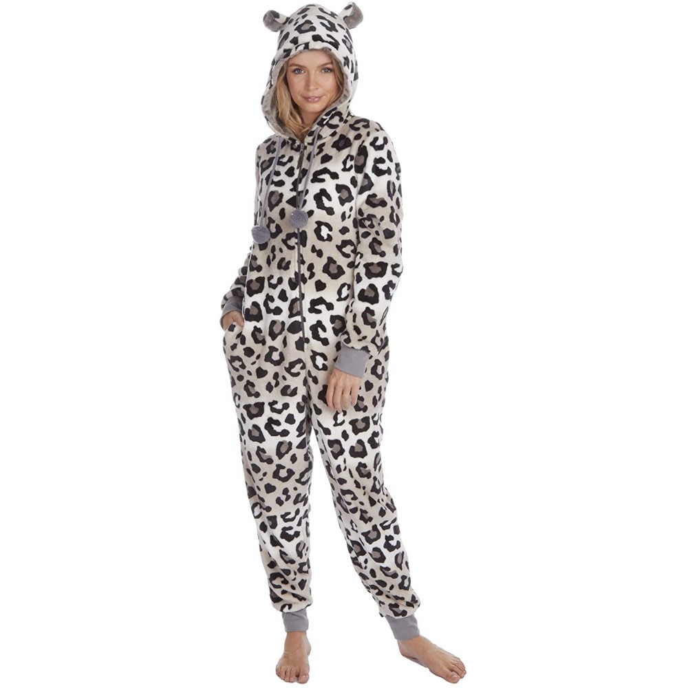 Sets Ladies Two Tone Animal Print Soft Fleece Onesie Onezee - Leopard - CJ192352A4S