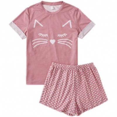 Sets Women's Cat Print Cuffed Top and Polka Dots Shorts Pajama Set - Pink - C8197LY6LWK