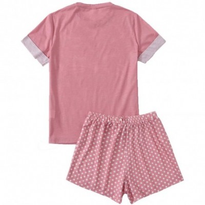 Sets Women's Cat Print Cuffed Top and Polka Dots Shorts Pajama Set - Pink - C8197LY6LWK