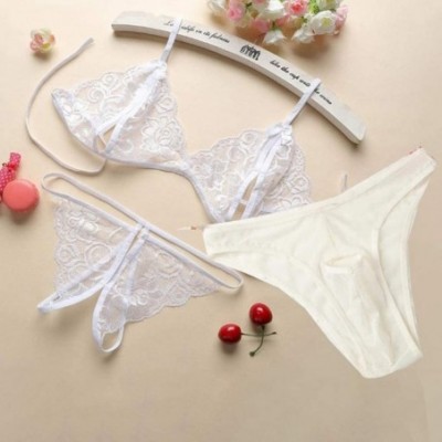 Garters & Garter Belts Couples Underwear 3 Piece Set Women Lace Bra Open Thong and Men Hollow Out Briefs - White - C71947WU25O