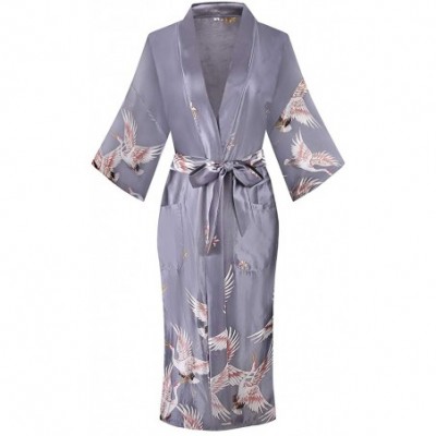 Robes Women's Kimono Robes Kimono Imitation Silk Sleepwear Long Lightweight Nightgown - Silver/Crane - CU18YZZ3TGY