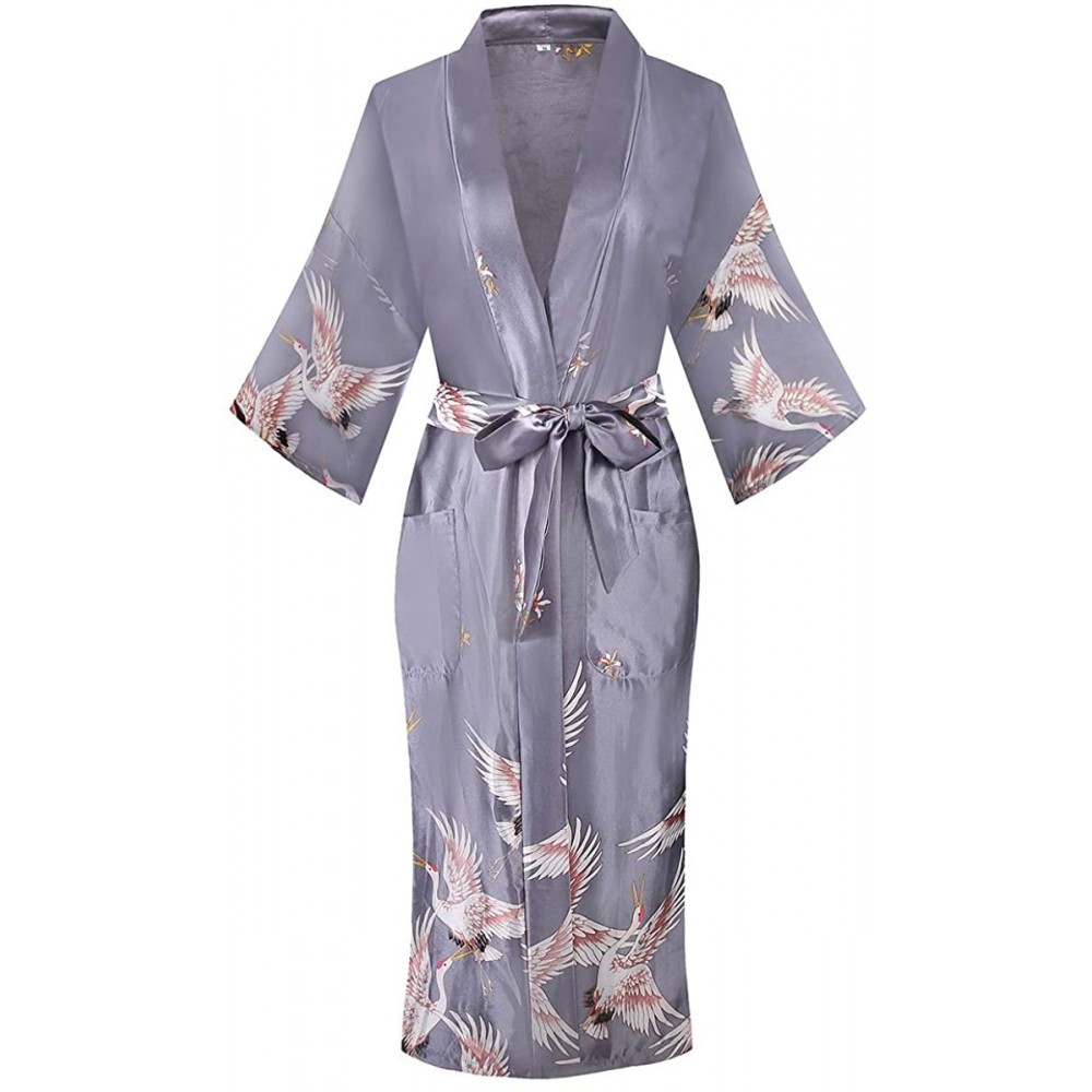 Robes Women's Kimono Robes Kimono Imitation Silk Sleepwear Long Lightweight Nightgown - Silver/Crane - CU18YZZ3TGY