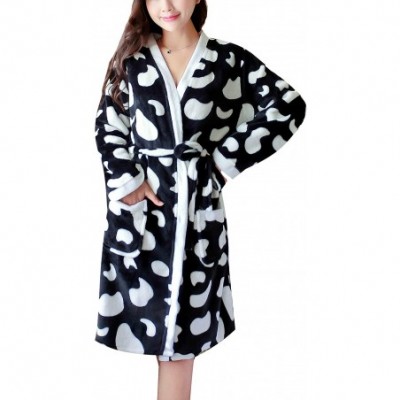 Robes Fleece Short Robes for Women Knee Length Plush Cozy Robe Soft Comfy Warm Printed Bathrobe for Young Girls - Black - CE1...