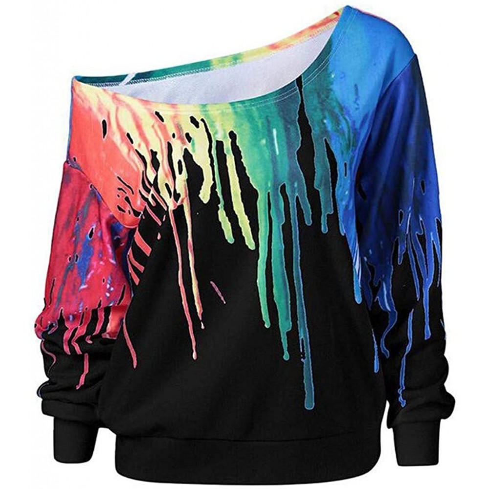 Thermal Underwear Women Slanted Shoulder Plus Size T-Shirt Rainbow Color Printed Long-Sleeved Top - Black - CT18XLWNEXW